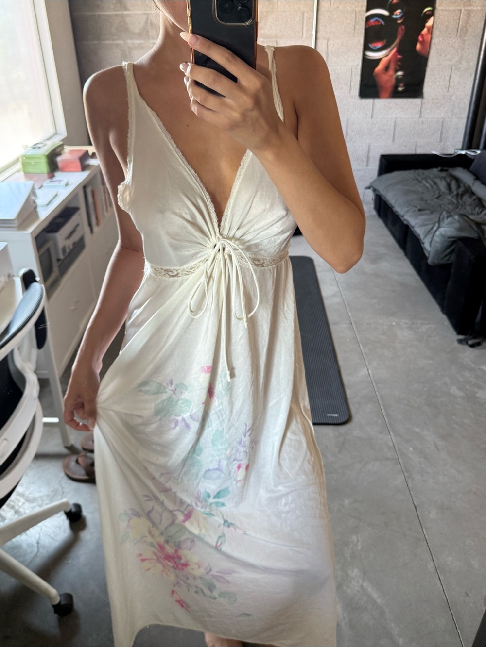 Ivory Floral Tie-Front Satin Slip Dress